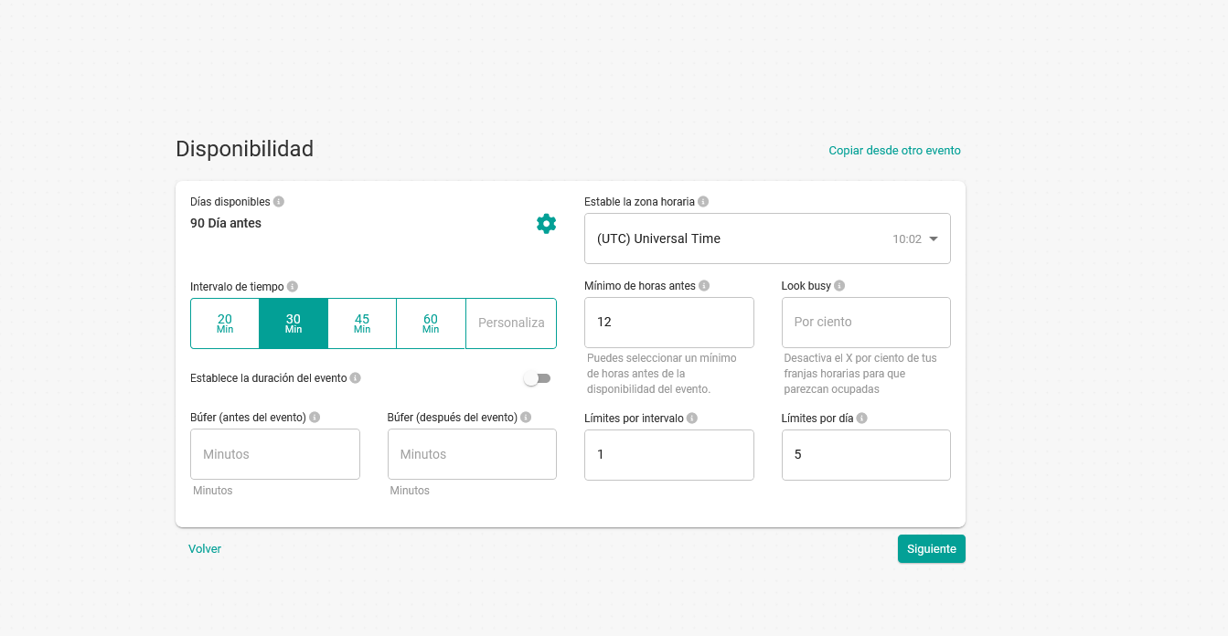 Ajustes de disponibilidad del evento