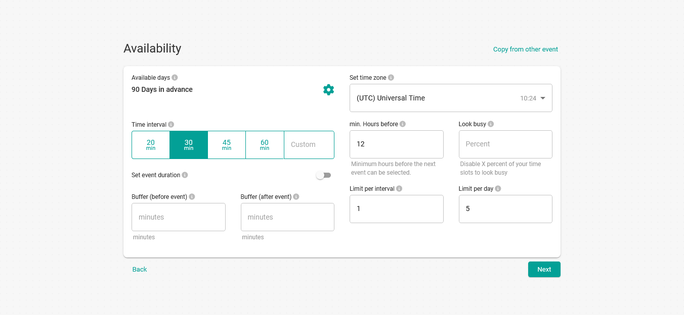 Availability settings