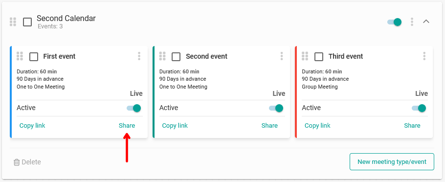 Locate event to share link