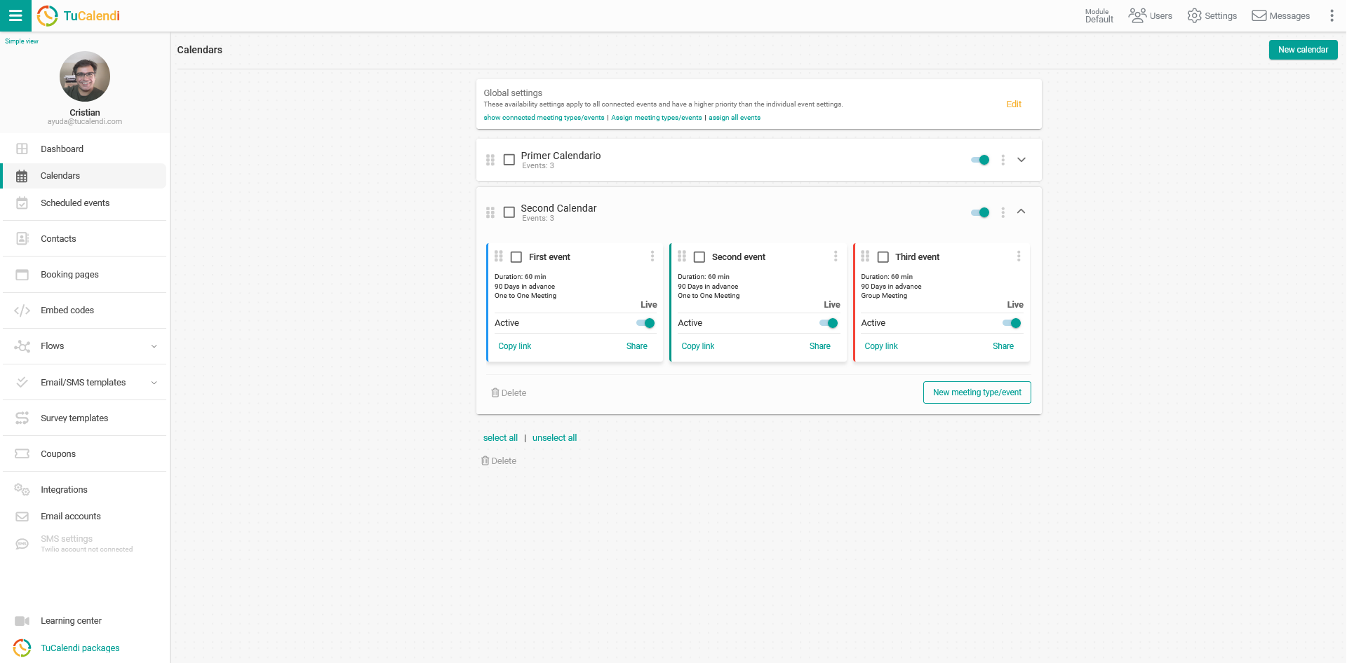 Dashboard with two calendars