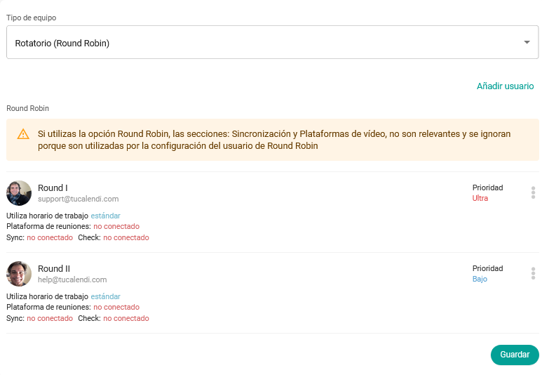Usuario de equipo Round Robin con distintas prioridades